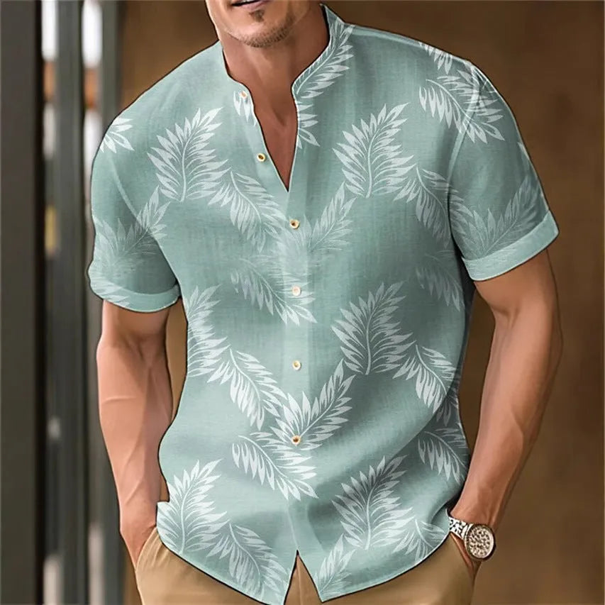 Men's printed polyester casual long sleeve button-up shirt shown in multiple colours