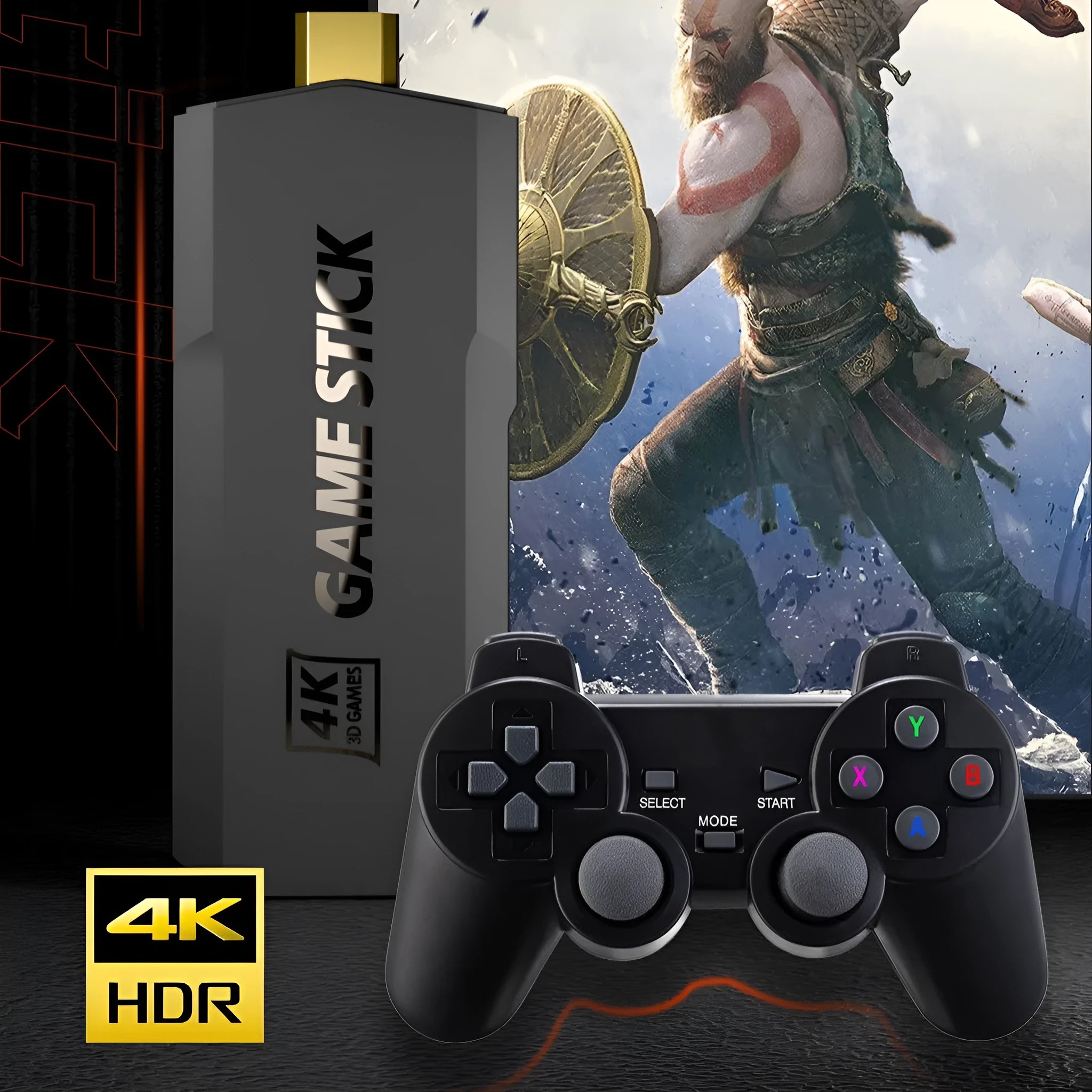HD Home TV Game Console with wireless controller, charging cable, and HDMI cable on television stand