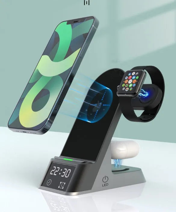 Black multifunctional alarm clock with wireless charging pad, Apple Watch spot, and digital display