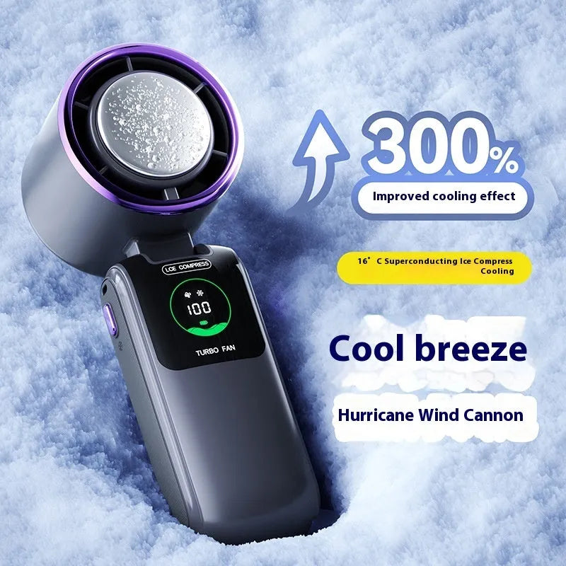 USB handheld electric fan in folded position showing adjustable speed controls and hanging loop