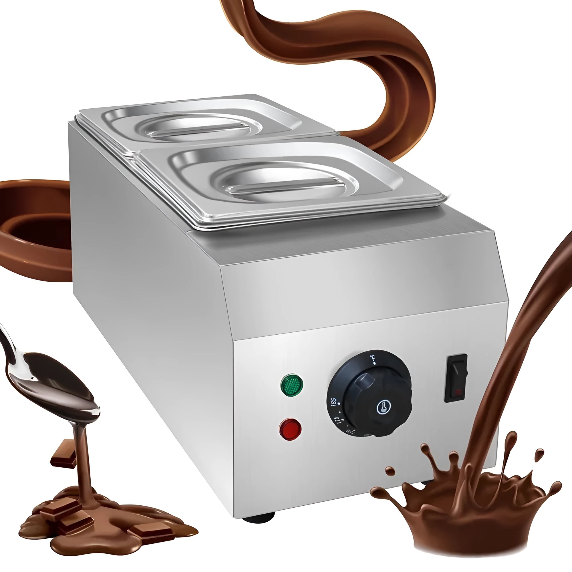 Commercial electric chocolate melting machine with double pot design and water insulation heating system