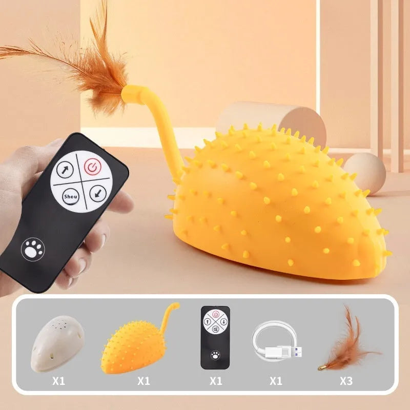 Remote control silicone mouse cat toy with USB cable and feather attachment in cyan colour