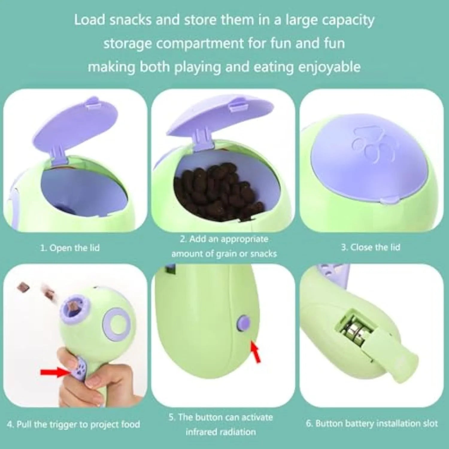 Green, orange, and pink interactive dog treat launcher toy with food dispenser.