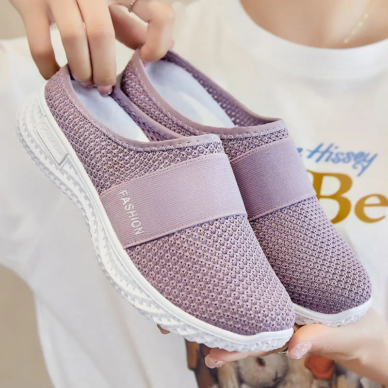 Women's casual mesh shoes with hollow-out design in black, flat heel and round toe