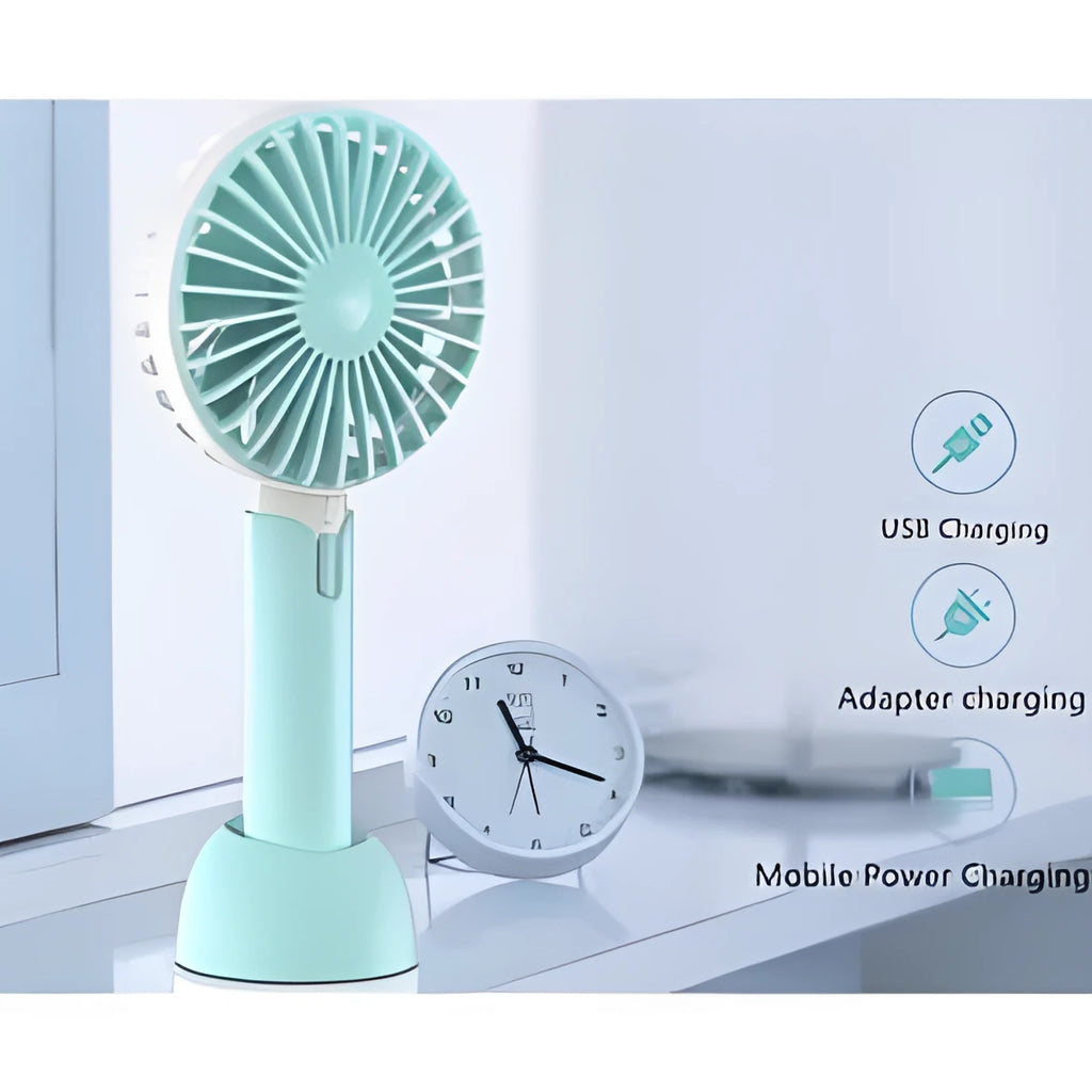 Blue mini handheld USB electric fan with three-speed control on desktop