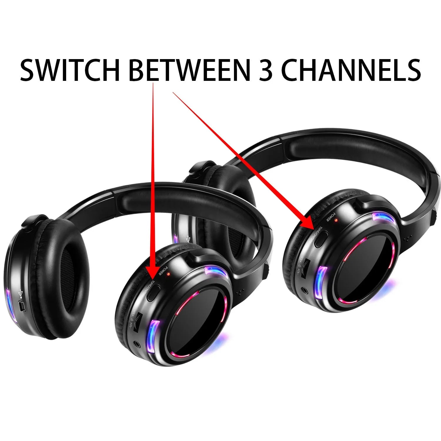 Black silent disco wireless headphones with 40mm drivers and 3m cable showing 3.5mm plug