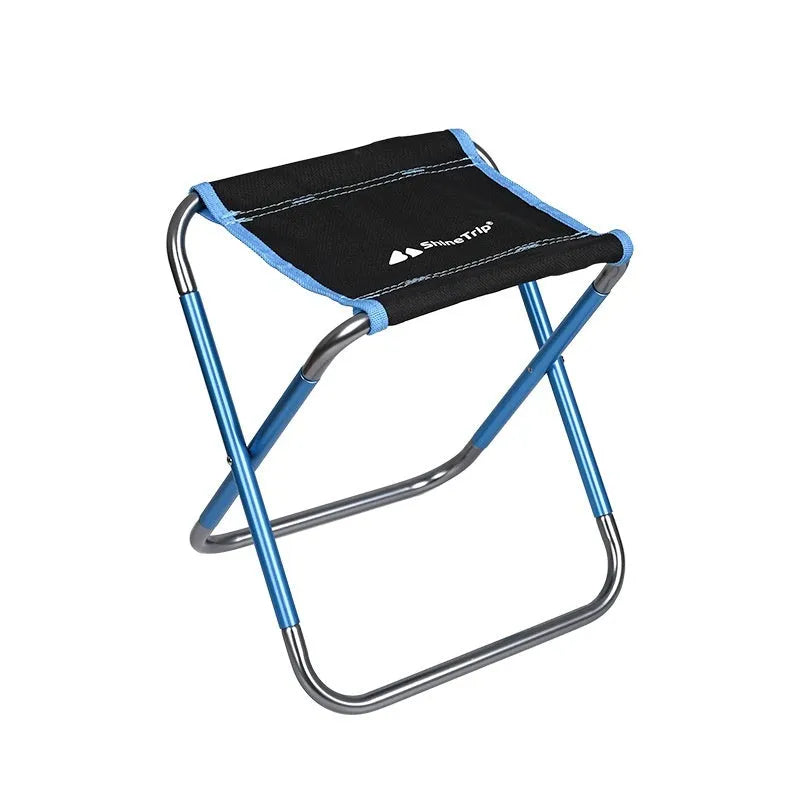 Black aluminium alloy portable folding camping stool shown in folded and unfolded positions.