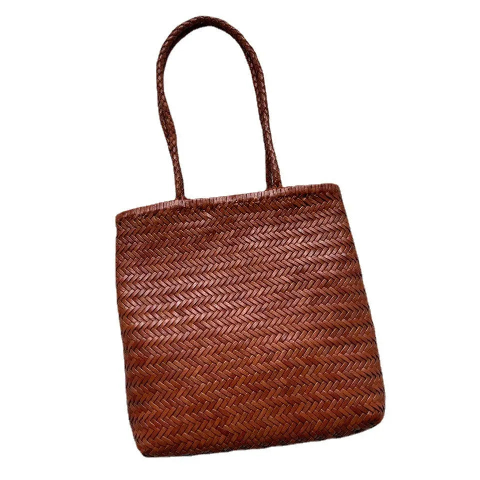 Brown handmade woven genuine leather shoulder tote bag with a front pocket