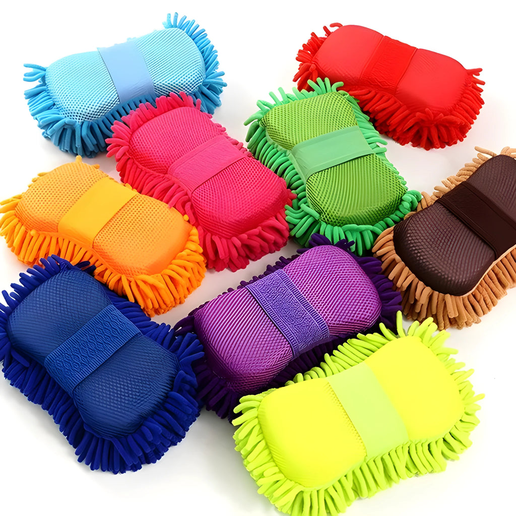 Silver green microfiber chenille car wash sponge measuring 14x25 cm