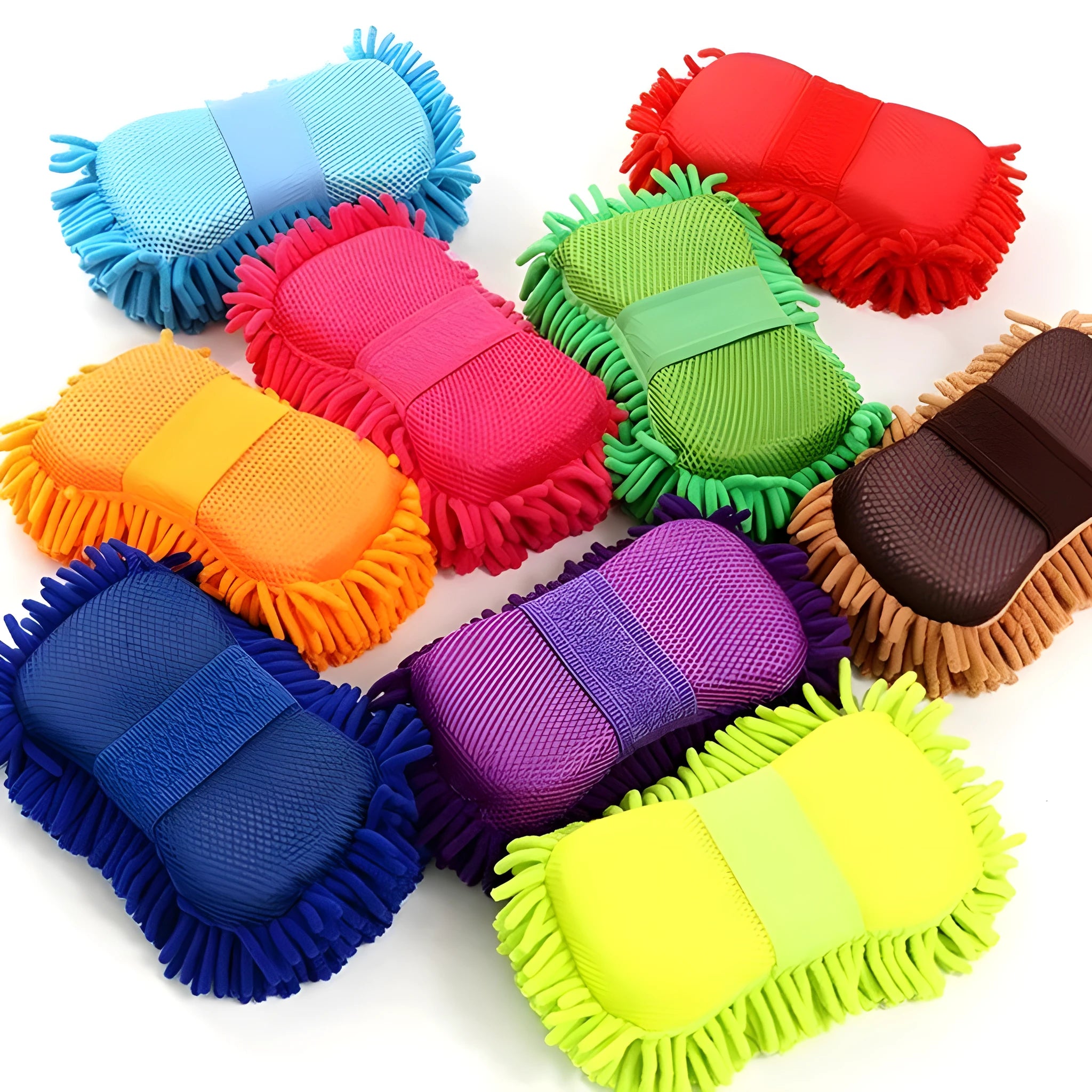 Silver green microfiber chenille car wash sponge measuring 14x25 cm