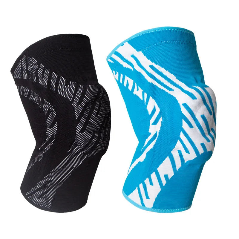 Men's black nylon basketball knee pad shown on a knee, size label visible.