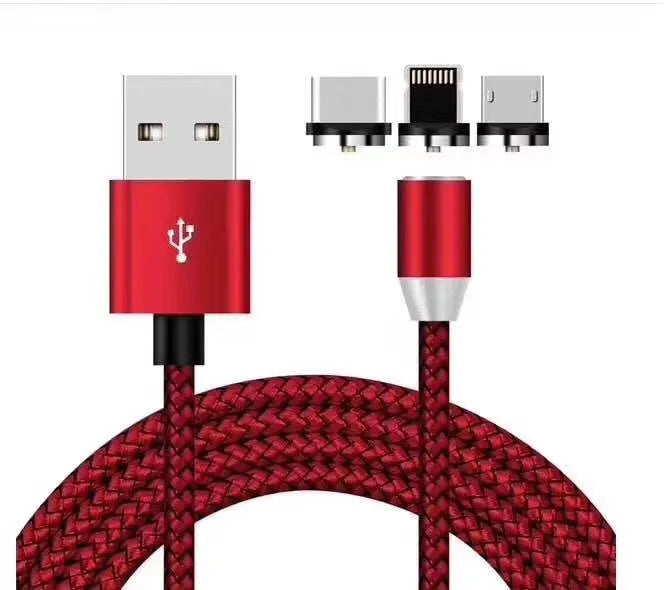 Black three-in-one magnetic charging cable showing Android, Type C, and Apple connectors