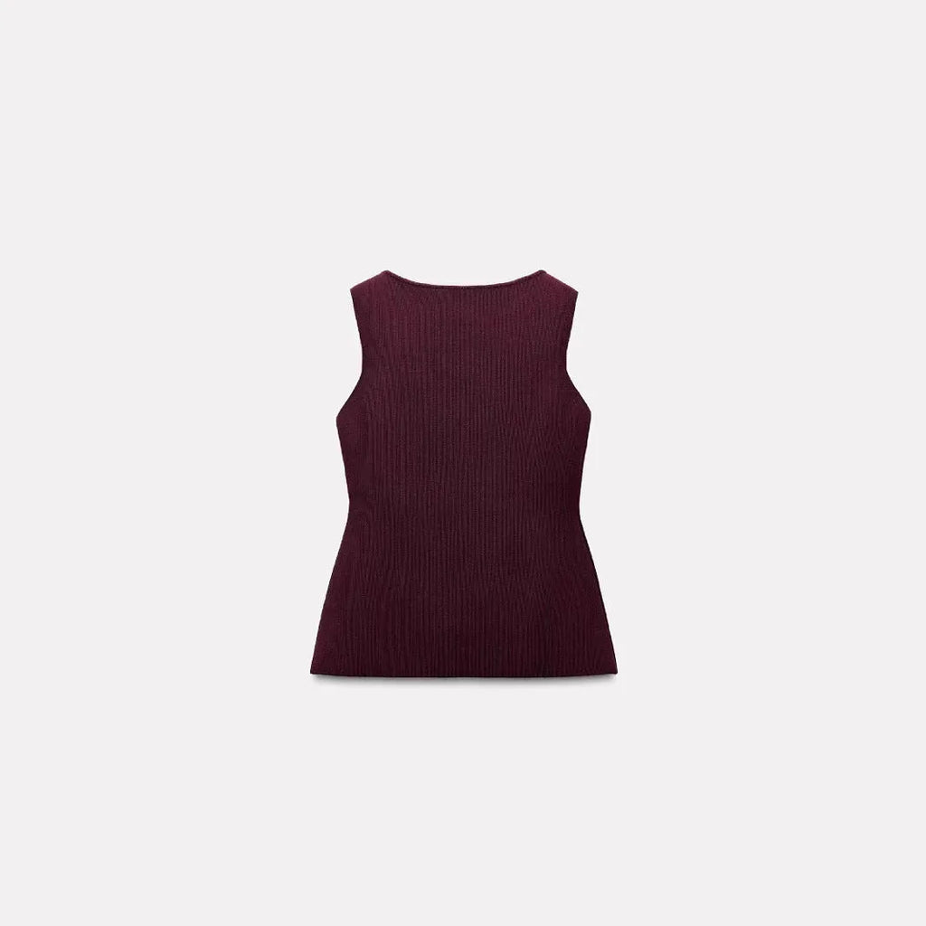 Dark red slim-fit sleeveless vest with gold buttons and textured 3D pattern fabric.