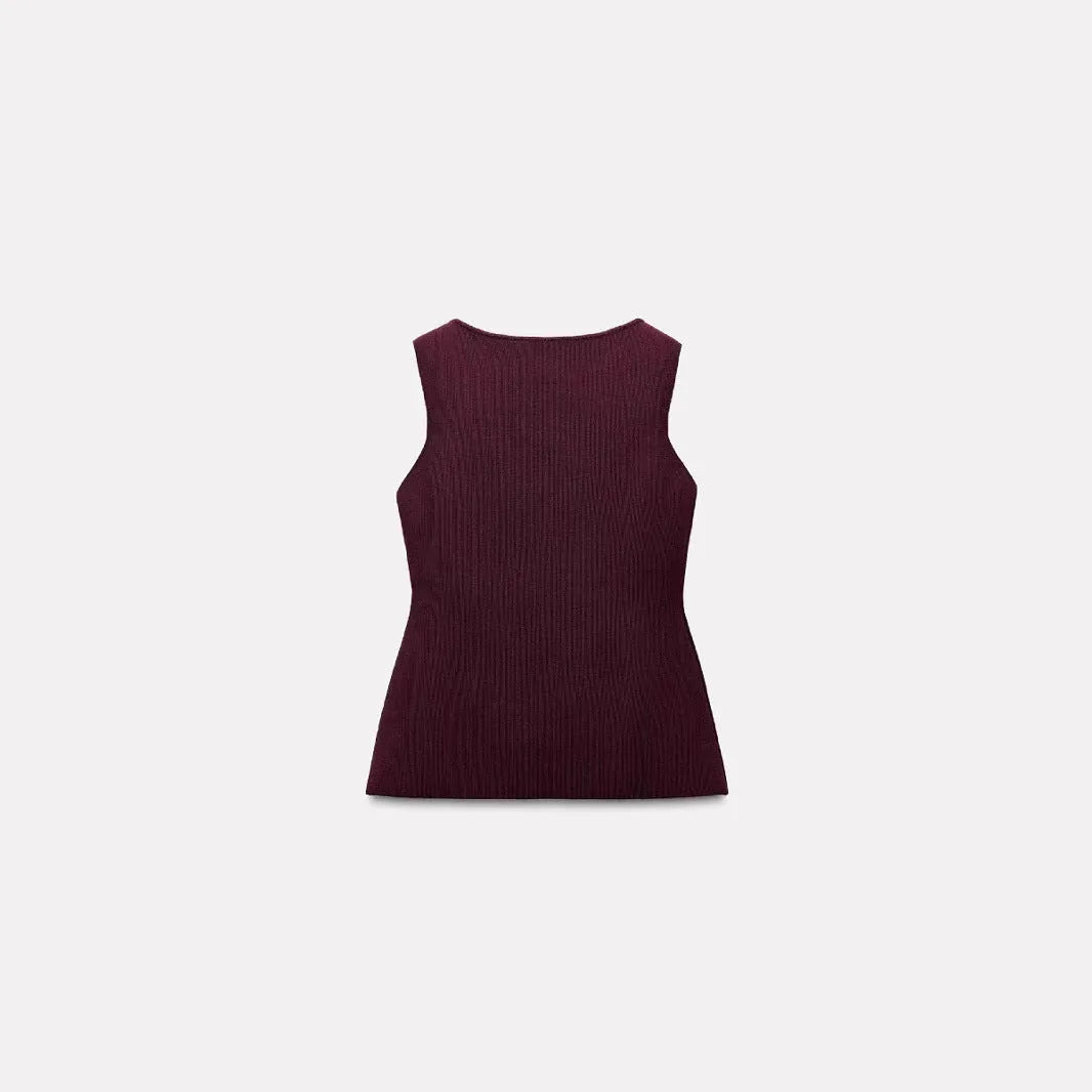 Dark red slim-fit sleeveless vest with gold buttons and textured 3D pattern fabric.