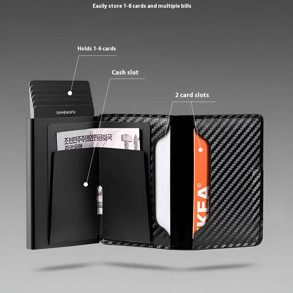 Pop-up aluminium alloy card wallet in retro PU leather with anti-theft function, front view