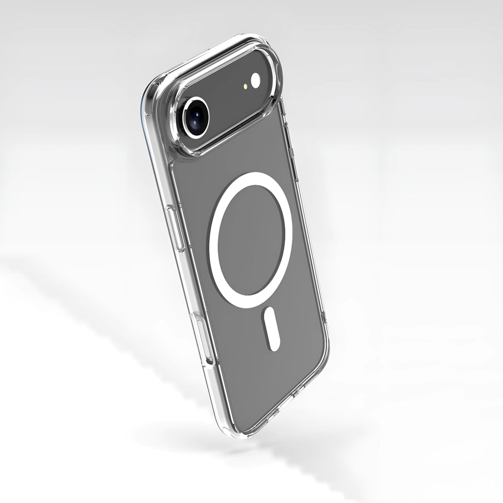 Transparent magnetic shockproof case for iPhone 17, iPhone 17 Pro, iPhone 17 Pro Max, and iPhone 17 Air phones.