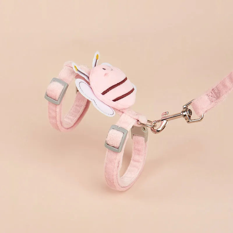 Bee shaped adjustable cat harness and rope lead set in blue, pink, or yellow.