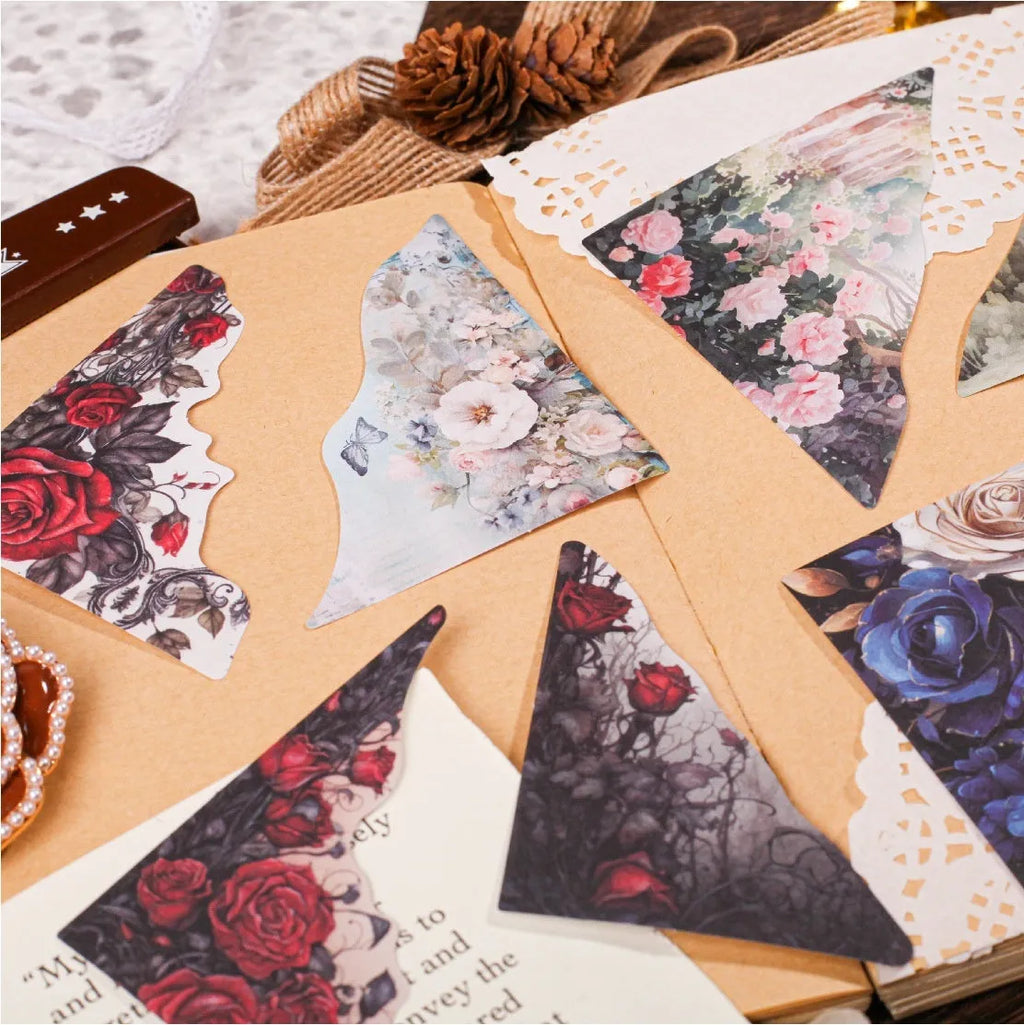 Creative DIY note in six colour variations showing spring vine, pink plum, red rose, blue, green wild, and purple dew options