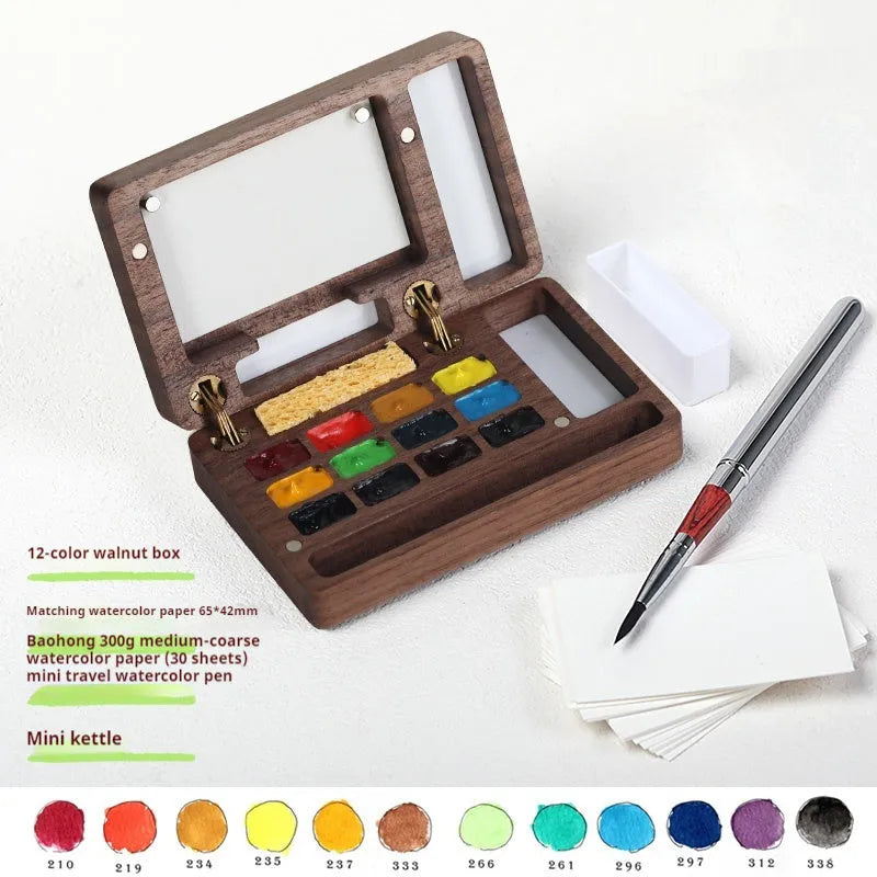 Mini walnut wood watercolour paint box for pigment suit storage