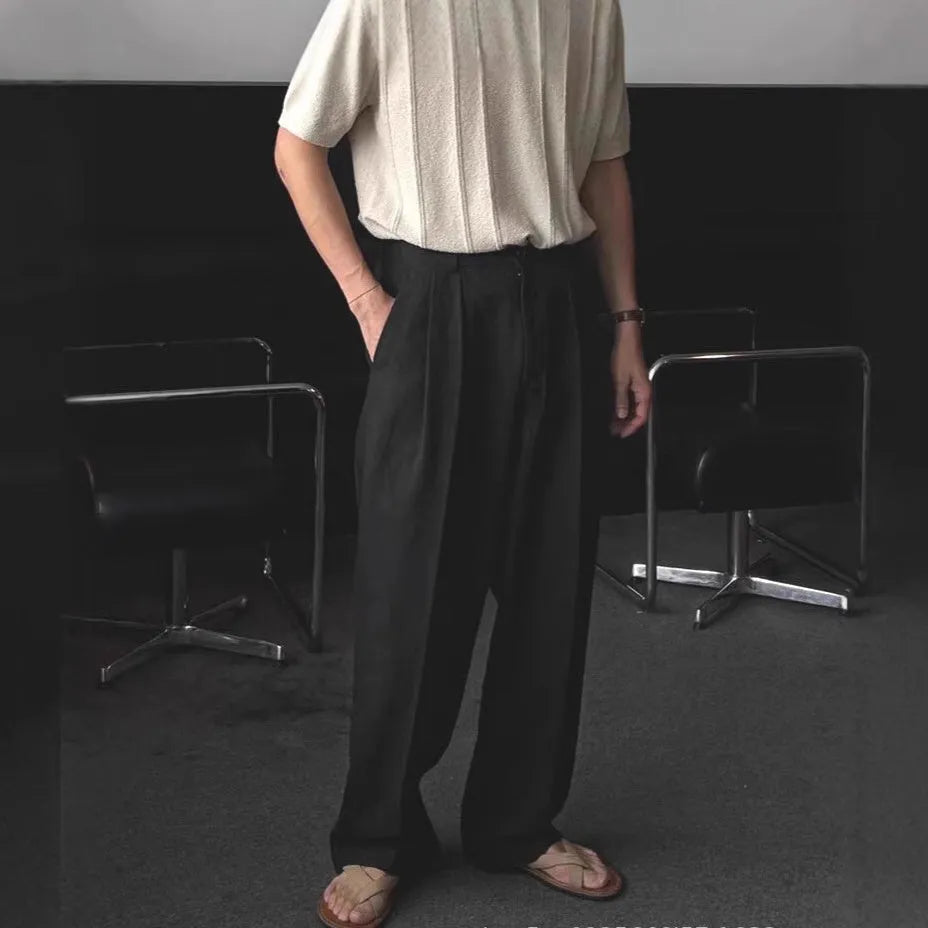Men's lightweight cotton linen trousers in apricot with wide-leg cut and elastic waist