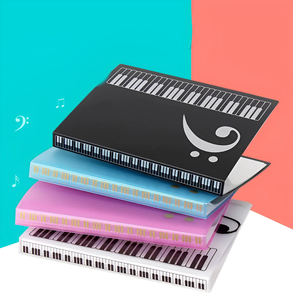 Piano music folder with transparent plastic inserts for sheet music viewing and organisation