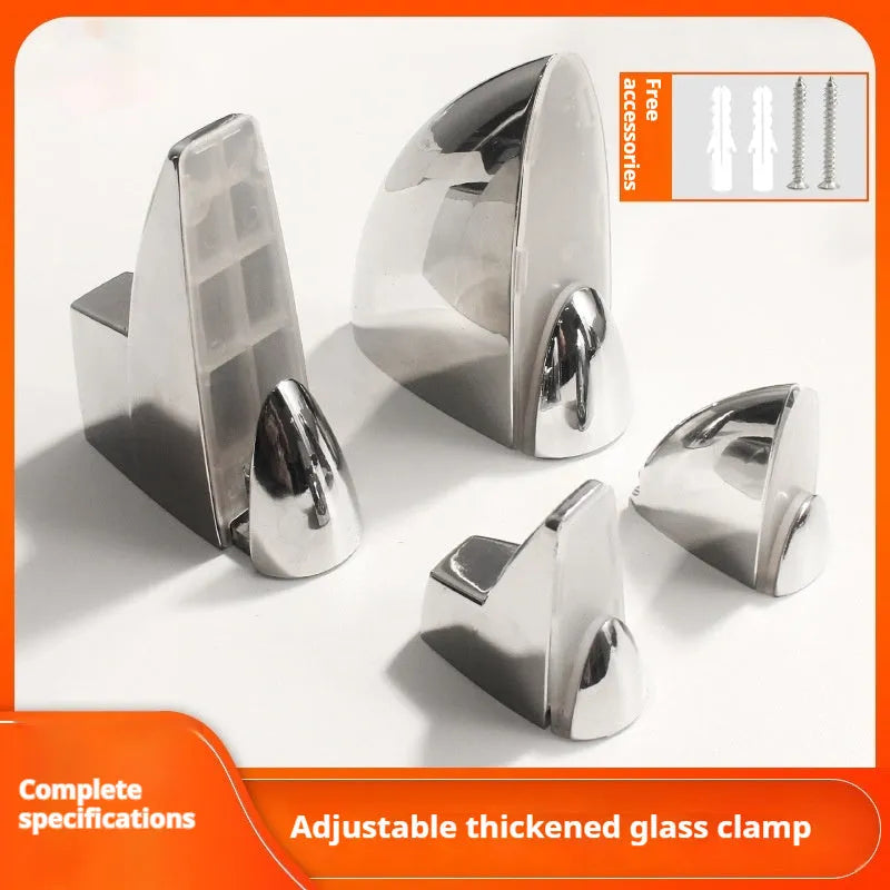 Electroplated metal adjustable clip holder for glass partitions and display panels.