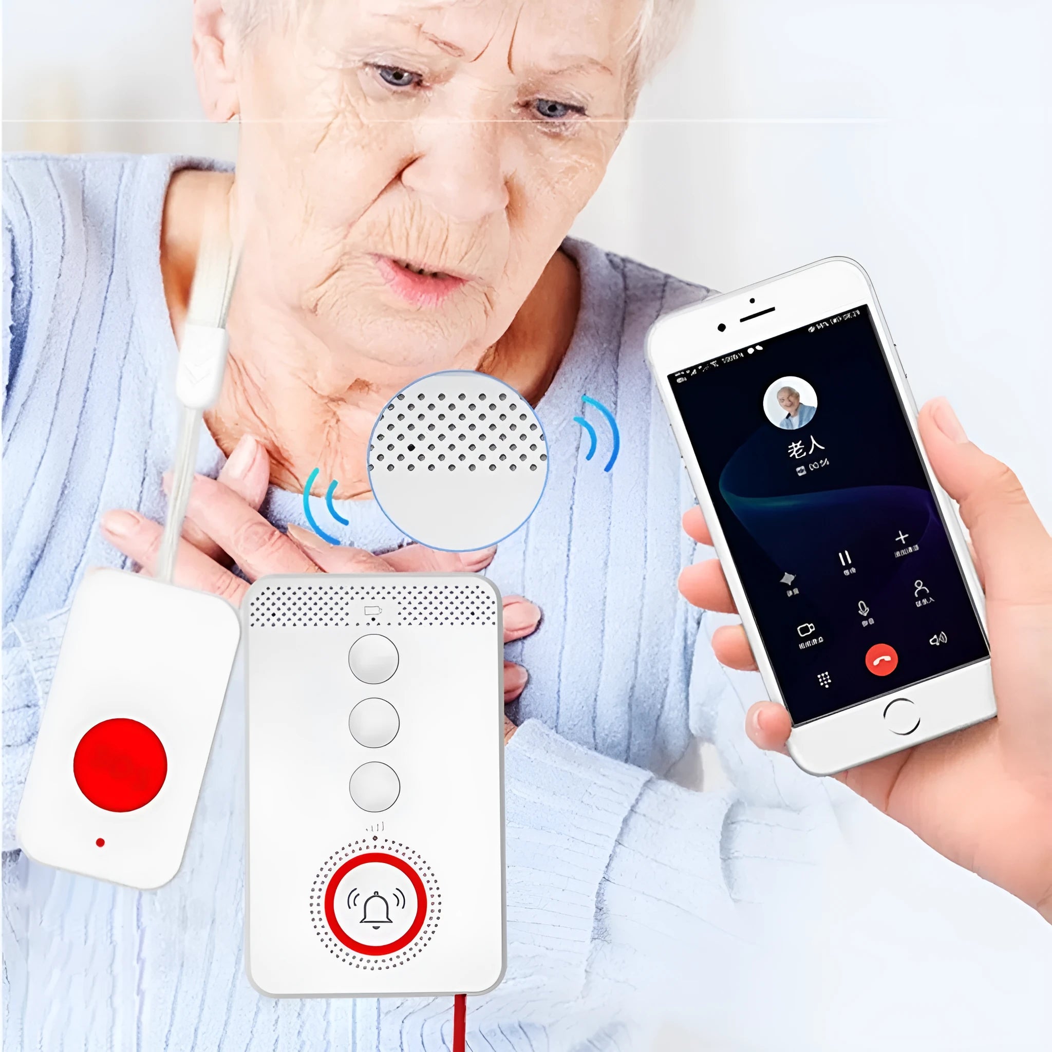 White one-click emergency alert device for the elderly showing a central buzzer unit and three remote panic buttons.