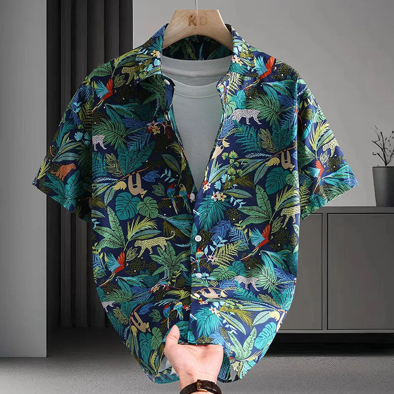 Men's floral print cotton short sleeve Hawaiian-style summer shirt on hanger