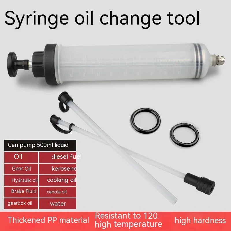 Manual oil pump tool with syringe-style barrel for suction and injection fluid transfer