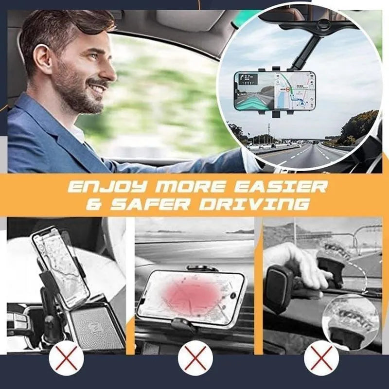 Black rearview mirror car phone holder with telescopic arm and rotating phone clamp.