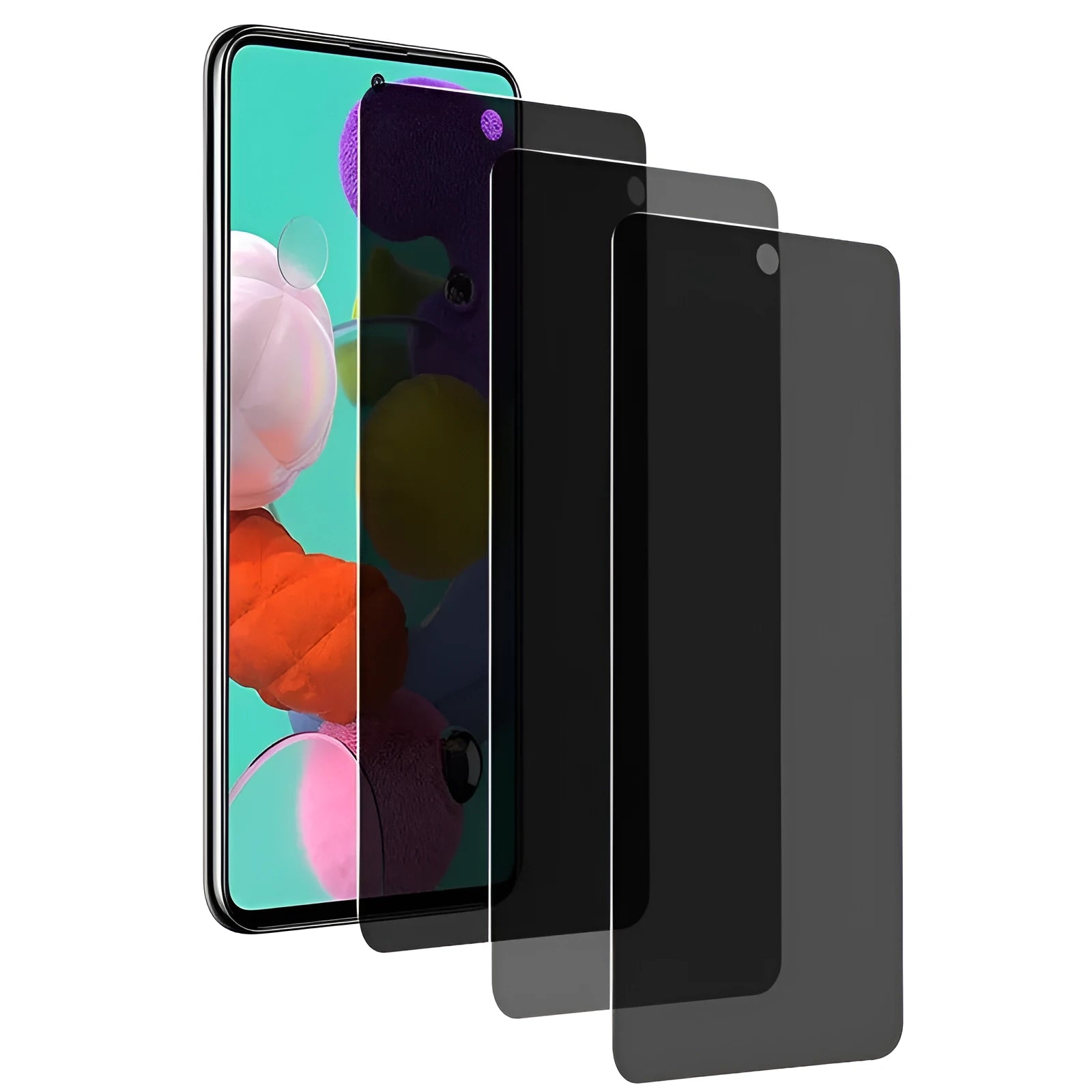Toughened glass screen protector for Samsung Galaxy phone with anti-peep privacy feature.