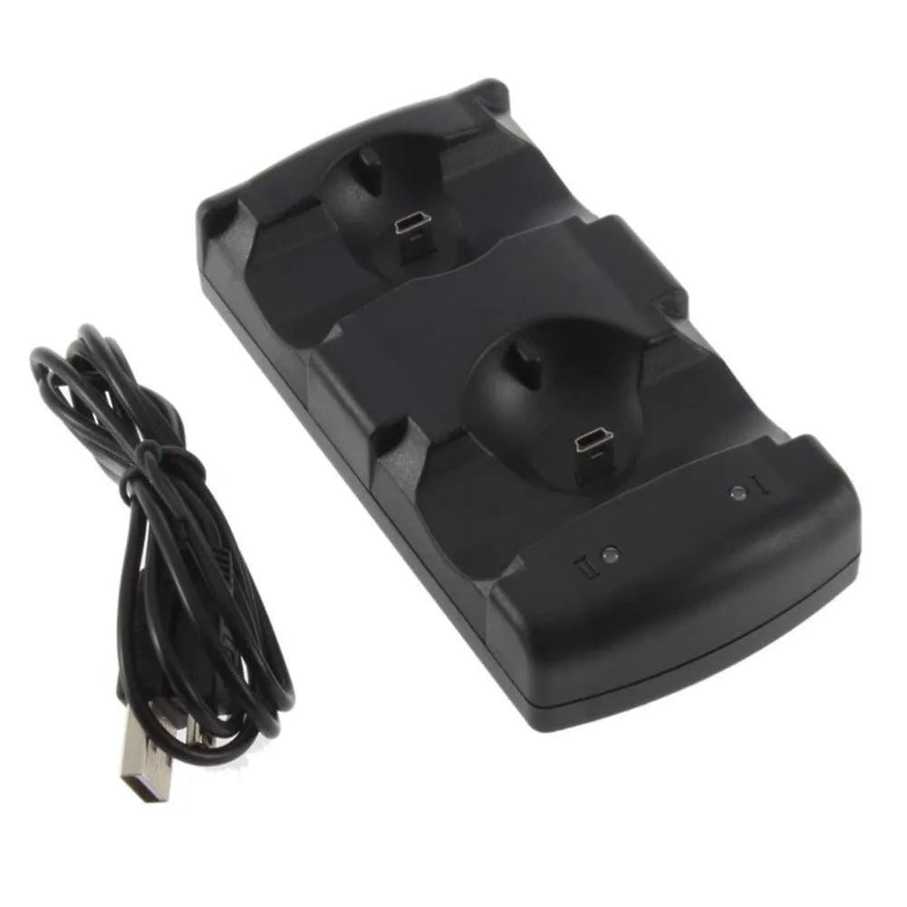 Black PS3 dual wireless charging base station for two original PlayStation 3 controllers with USB cable