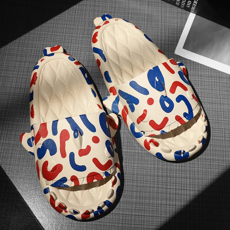 Cute shark couple design open-toe EVA home slippers in beige colour.