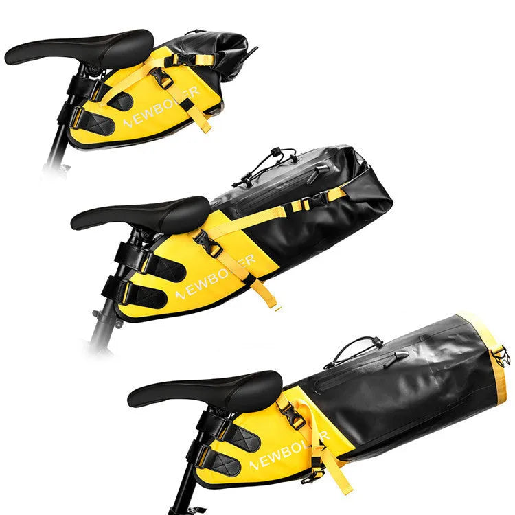 Waterproof PVC bicycle tail bag in yellow, black or green, showing 13L capacity.