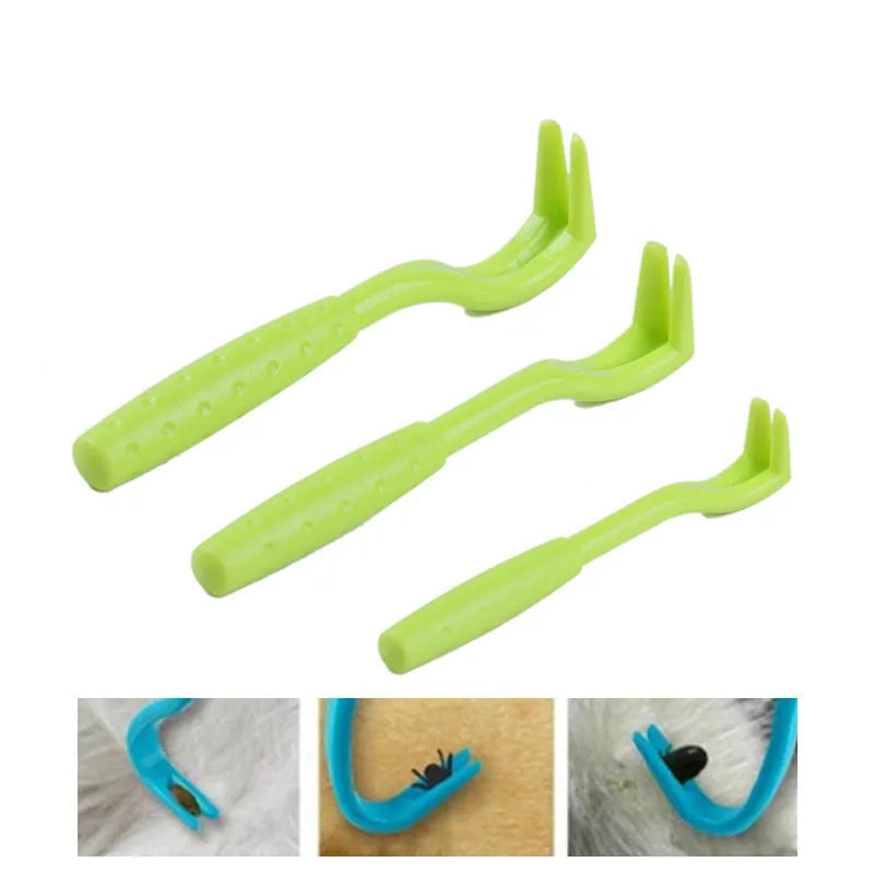 Three blue plastic tick removal hook tools for dogs and cats on a white background.