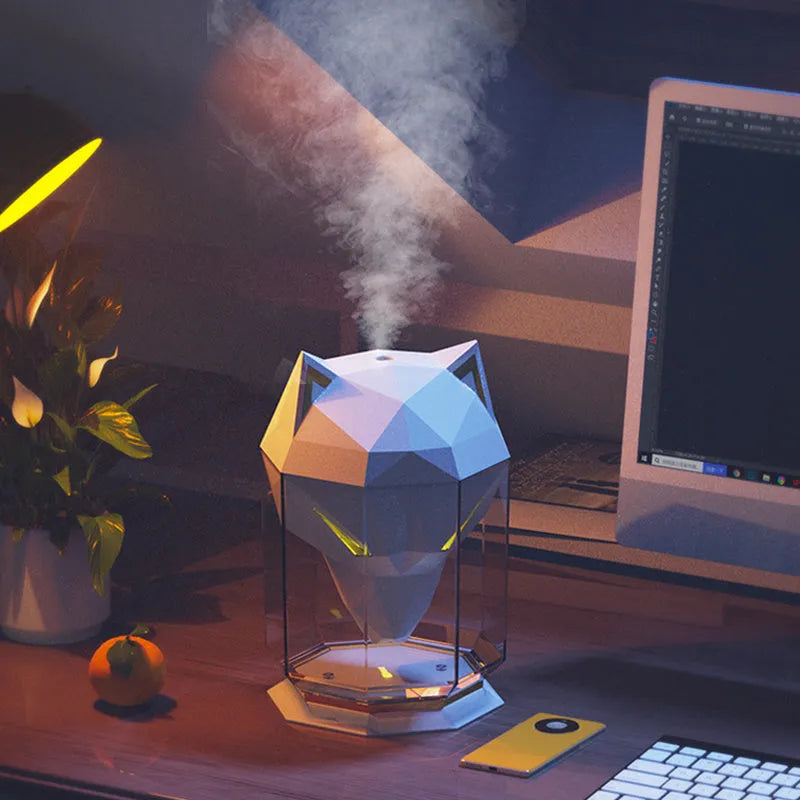 War Wolf desktop humidifier with LED lights showing mist output from 650ml tank