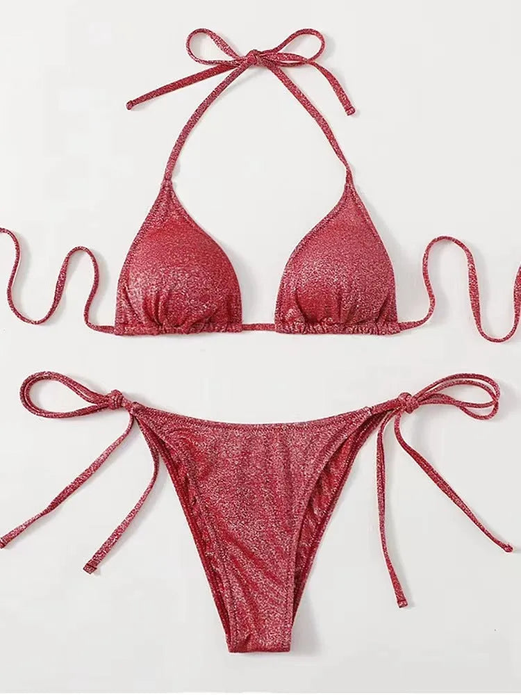 Women's split bandage style bikini swimsuit with halterneck top and briefs bottom in multiple colour options