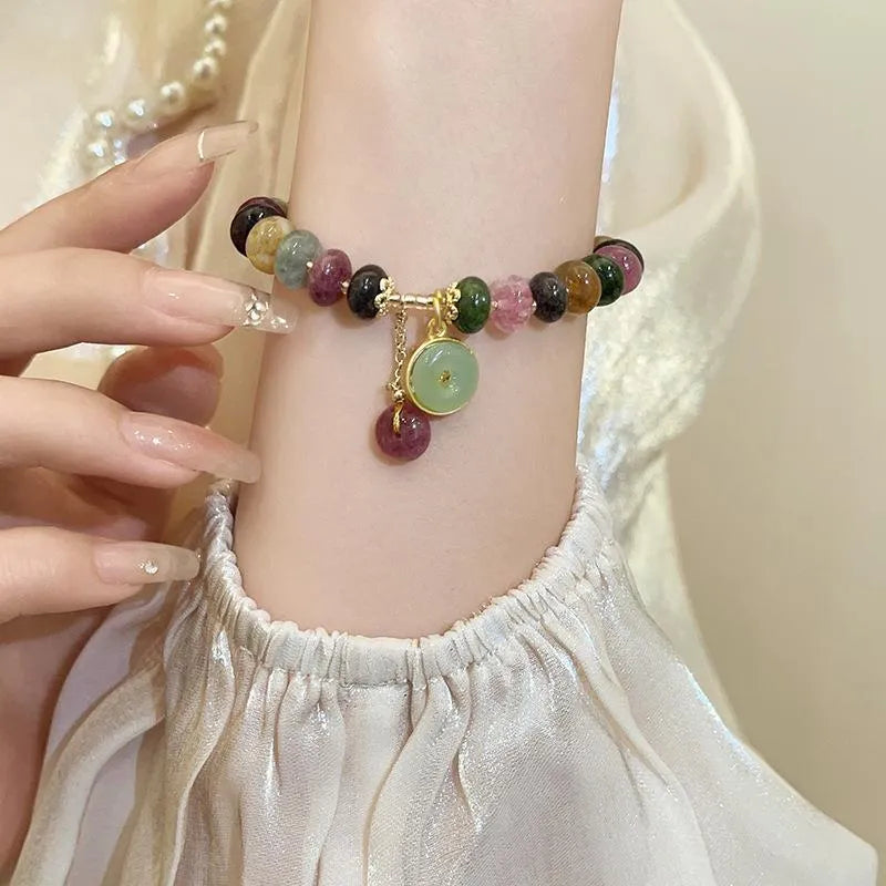 Handmade colourful tourmaline rabbit pendant abacus bracelet with natural stone beads