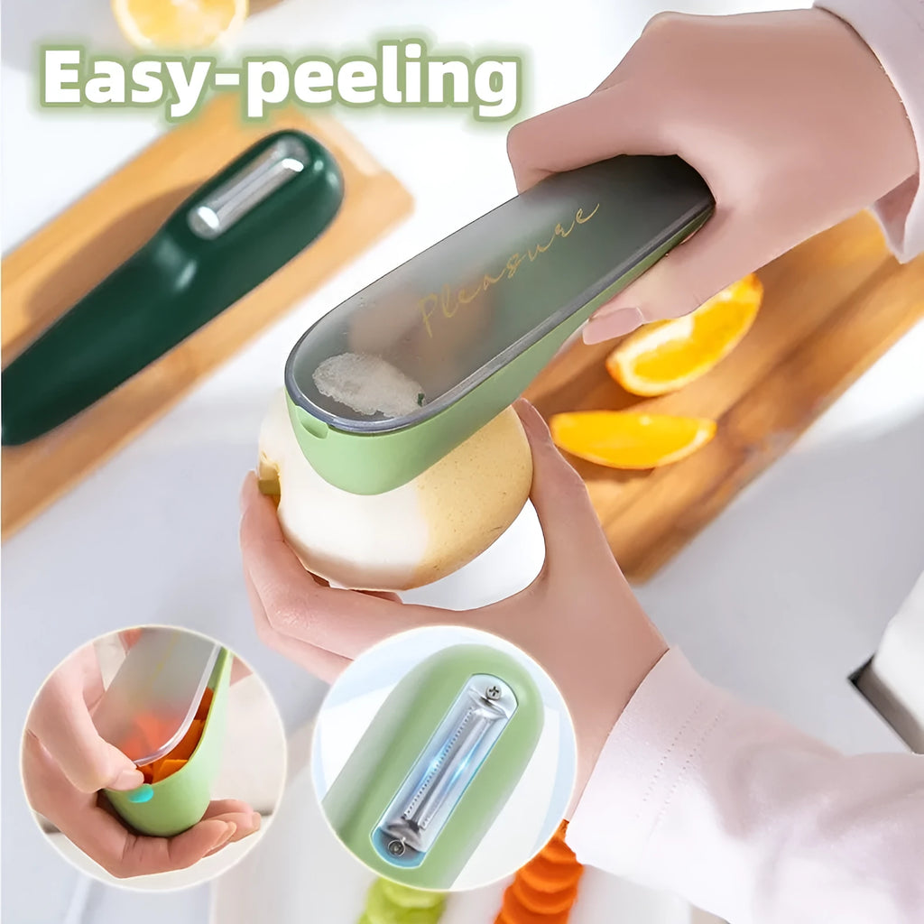 Dark green kitchen peeler with a storage tube, stainless steel blade, and non-slip plastic handle on a worktop.