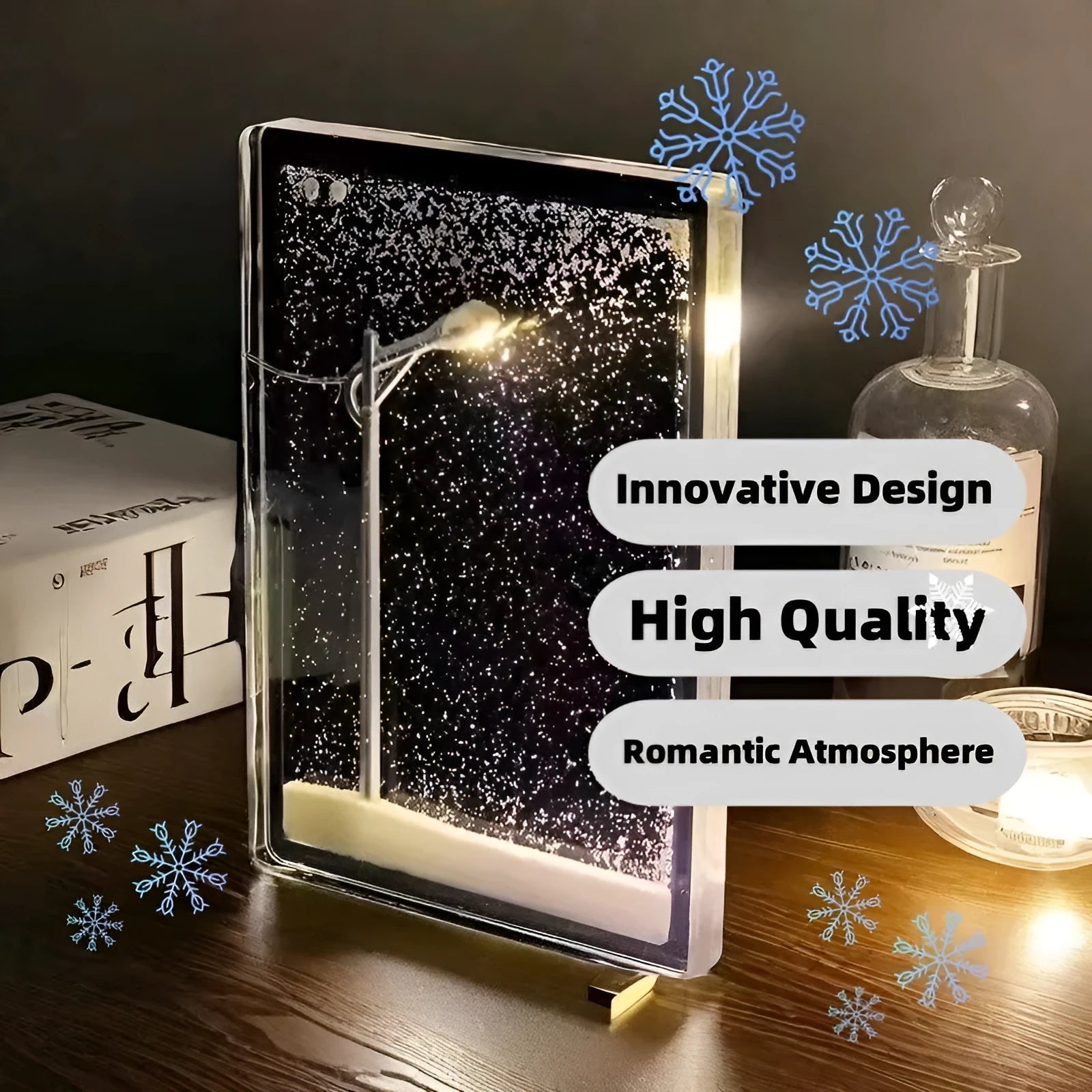 DIY snowy night light kit with snowflake decor and LED street light effect for desktop display