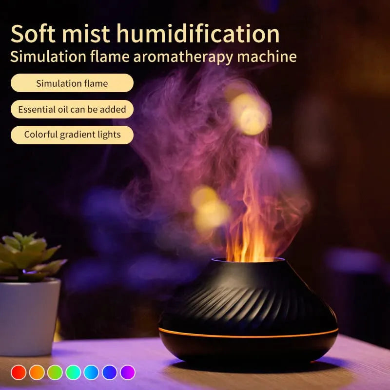 Volcanic flame design aroma diffuser with colour-changing LED light and water mist emission