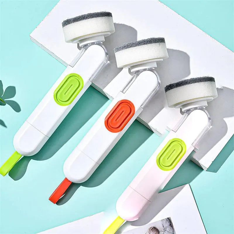 Long-handle kitchen cleaning brush with liquid dispenser and two brush heads in white and green colour