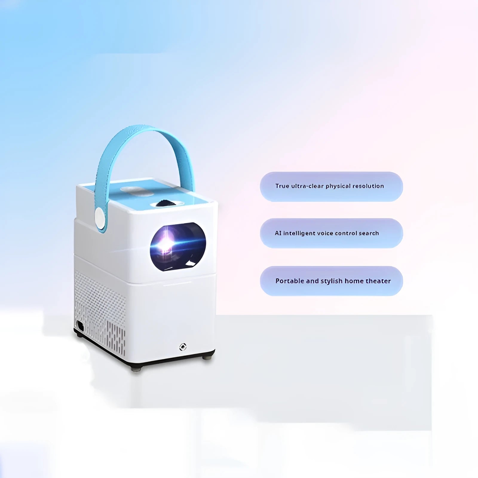 Smart Android HD projector with remote control showing 1280x800 resolution and 380 lumens specifications