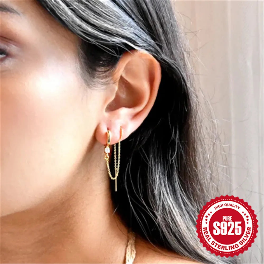 S925 sterling silver geometric ear studs with flower, tassel and chain design in gold colour options