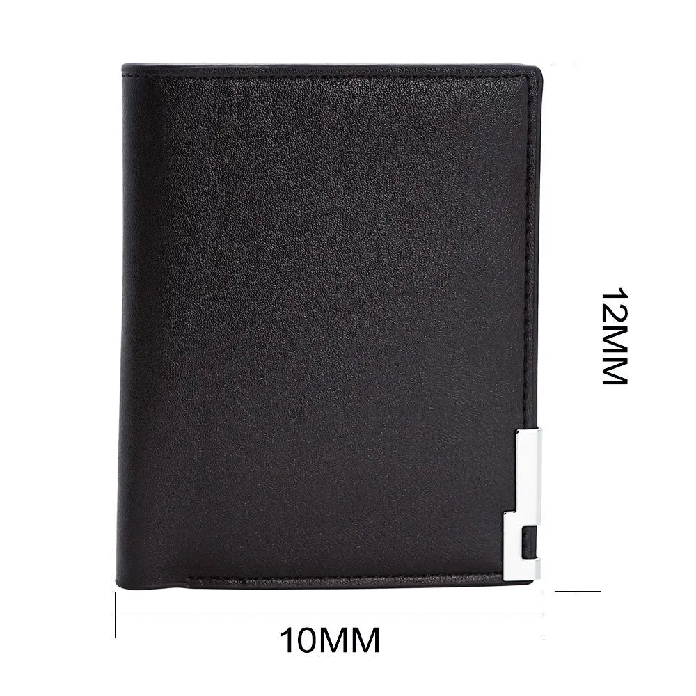 Leather men's wallet with zipper closure shown individually packaged as gift accessory