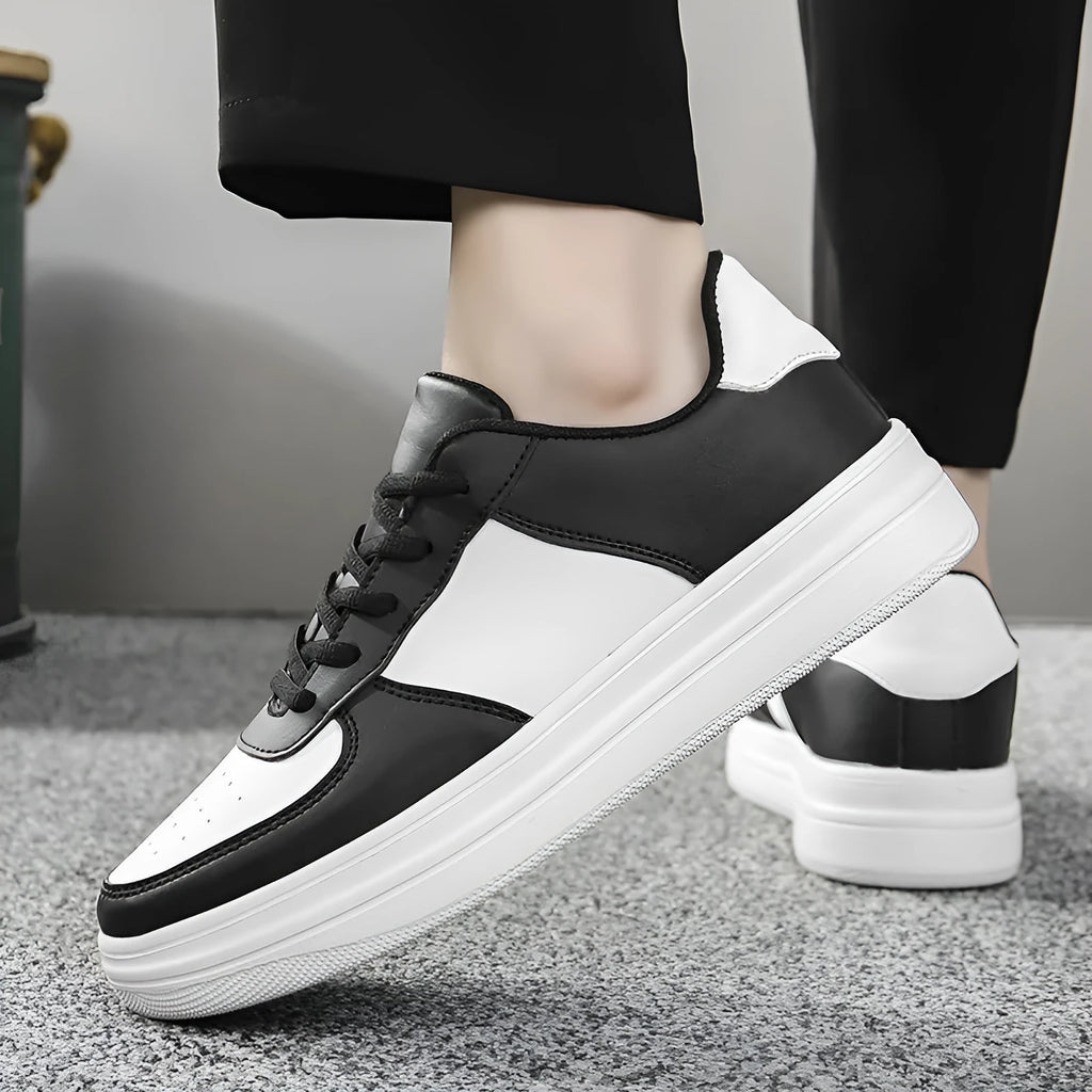 Men's plus size platform board shoes with leather upper, low top, flat heel, available in black