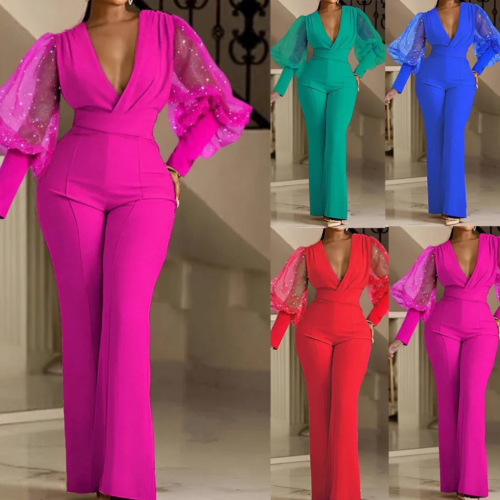 Women's mesh stitch jumpsuit with wide legs and long sleeves in polyester fabric