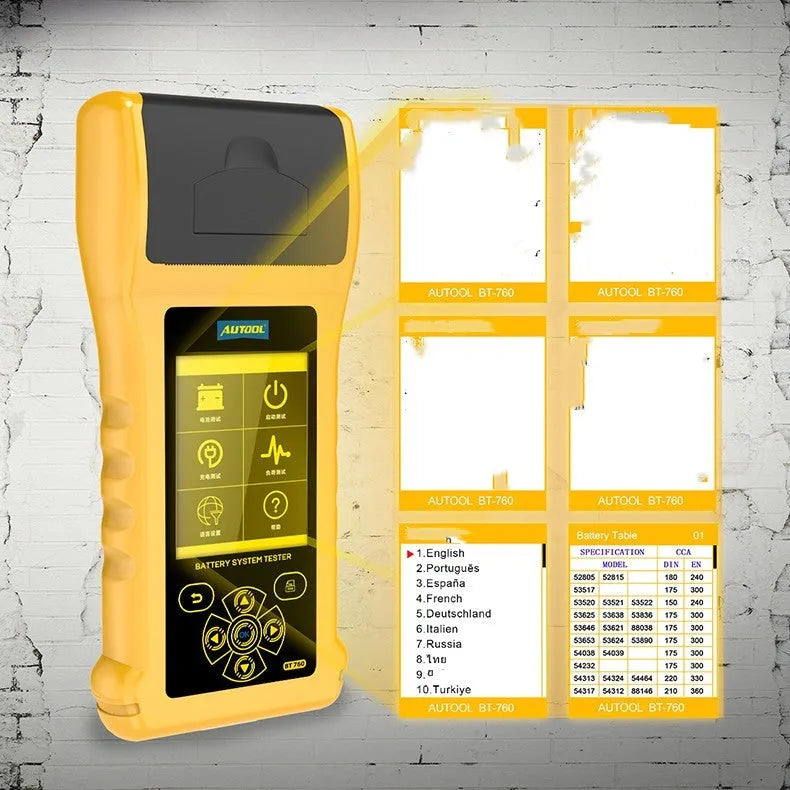 Autool BT760 colour screen vehicle battery tester with test clips and printed diagnostic receipt.