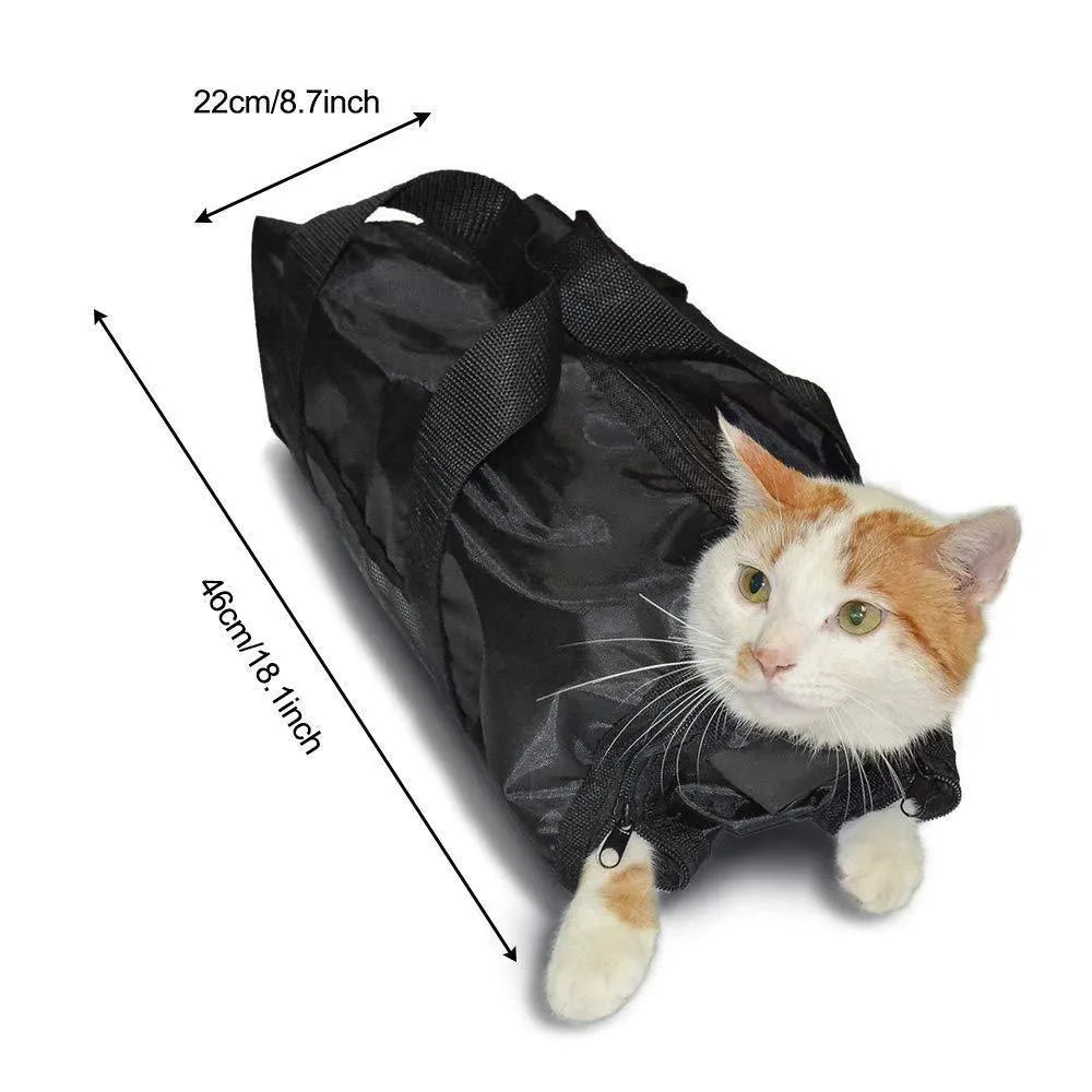 Black anti-scratch cat cleaning bag made from 420D PU Oxford fabric showing folded and expanded states