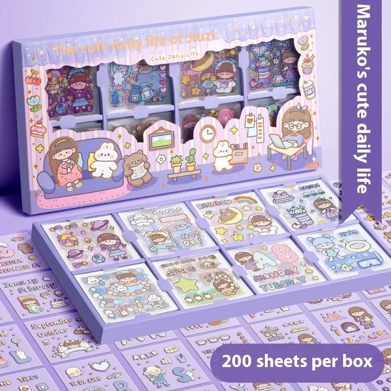 Children's sticker collection box with five themed designs including cute meatballs and interstellar team illustrations
